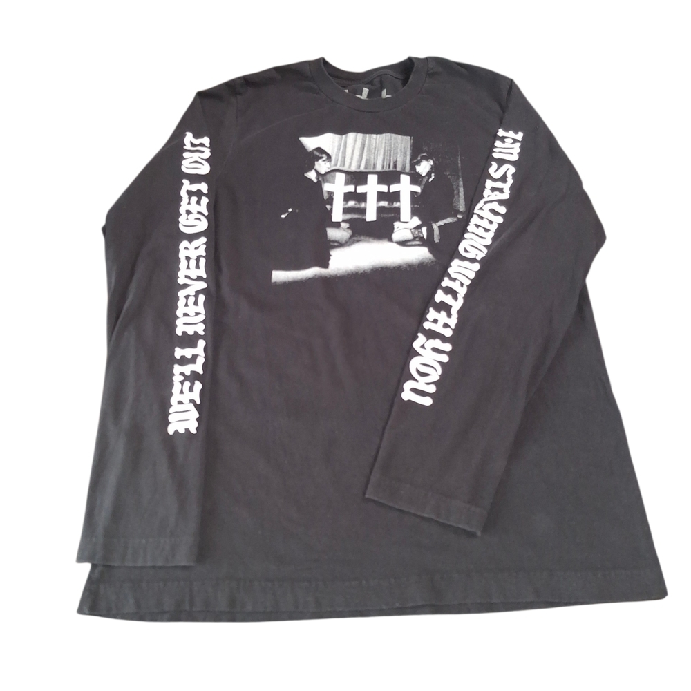 Black Long Sleeve Graphic Tee with White Sleeve Text